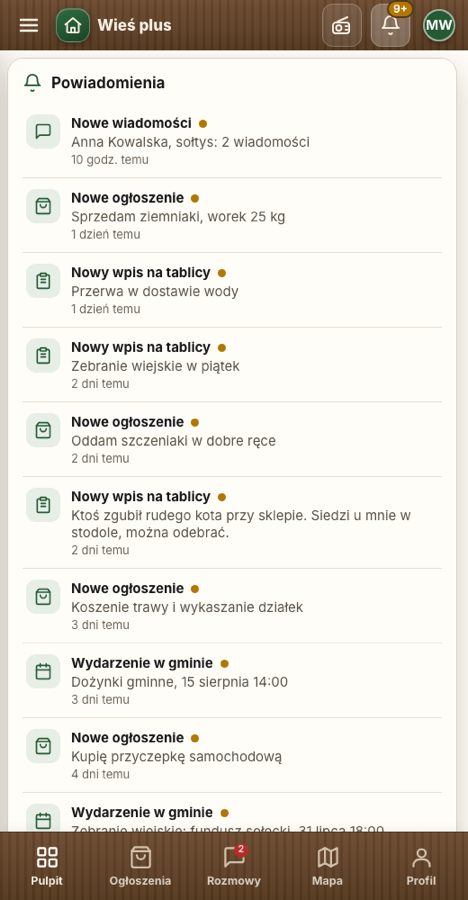 Panel powiadomień w aplikacji z nowymi wiadomościami i ogłoszeniami