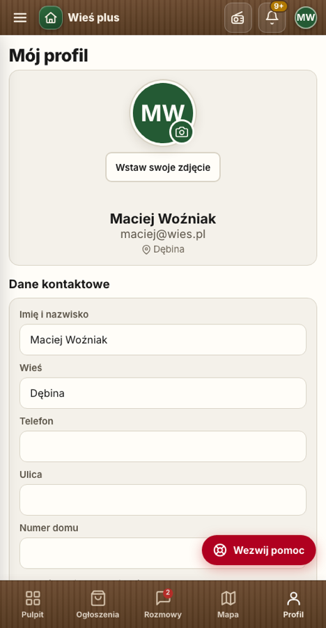 Profil mieszkańca ze zdjęciem i ustawieniem wielkości liter