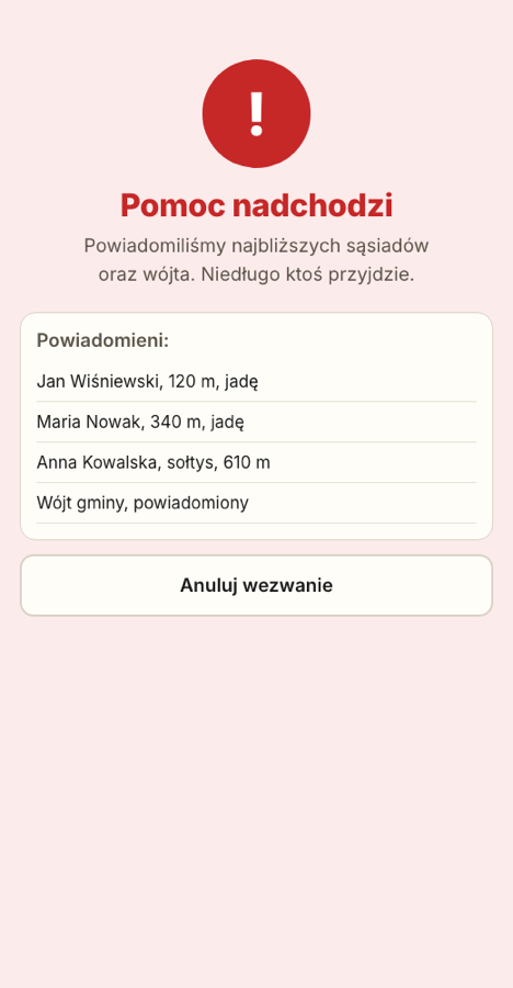 Ekran alarmu SOS z listą powiadomionych sąsiadów i odległościami